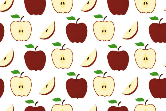 Red apple seamless pattern with whole fruit, halves and slices, vector background on white