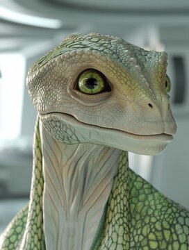 Extraterrestrial reptile being observing in futuristic laboratory