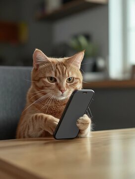 Ginger cat using smartphone at home in the kitchen