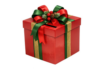 Fototapeta premium Christmas donation box receiving holiday contributions, decorated with festive ribbons and winter elements