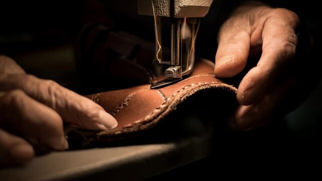 Artisan sewing a cotton lining into a leather shoe focusing on precision and the smooth integration of soft fabric with sturdy exterior.