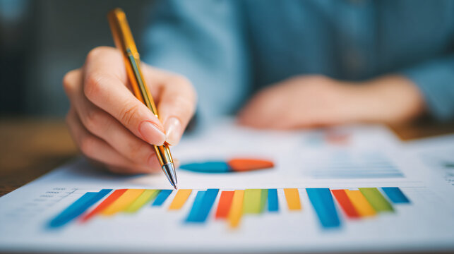 Person analyzing colorful bar charts on paper with a pen.