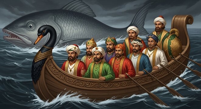 Divine Matsya Avatar Guiding Ornate Boat of Sages in Hindu Mythological Scene. Matsya Avatar of Vishnu &ndash; Divine Fish Incarnation Guiding Sages on Sacred Boat
