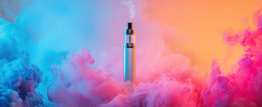 The Vape Pen Standing Amid Colorful Neon Smoke Clouds in Dramatic Studio Lighting
