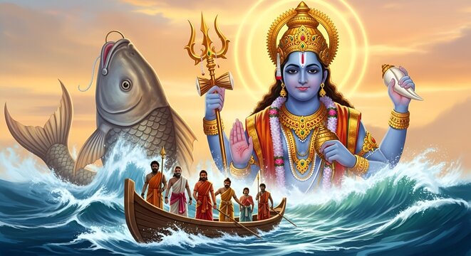 Divine Matsya Avatar Guiding Ornate Boat of Sages in Hindu Mythological Scene. Matsya Avatar of Vishnu &ndash; Divine Fish Incarnation Guiding Sages on Sacred Boat