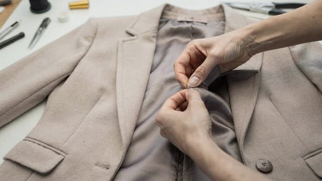 Medium shot of a womens blazer being meticulously stitched with interfacing and smooth lining highlighting sharp shoulder pads and clean lapel shaping.