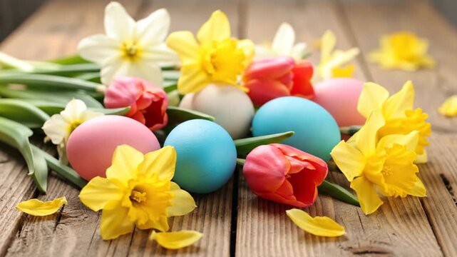 Colorful easter eggs with a beautiful bouquet of spring flowers on a rustic wooden surface. Festive holiday composition with tulips and daffodils for a seasonal celebration