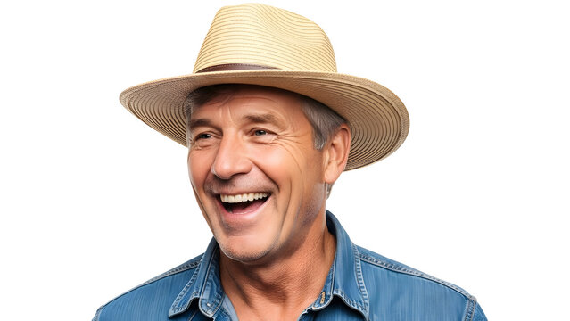 A smiling man wearing a hat and denim shirt in a studio