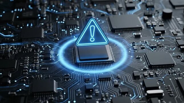 Cybersecurity Threat Alert: Glowing Warning Icon on Advanced Microchip within a Dark Circuit Board, Illustrating Digital System Risk and Data Prote...