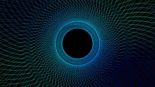 Abstract swirling geometric pattern of blue and green lines forming a tunnel effect animated, neon swirling lines with wave warp effects patchwork glowing pattern design on a dark gradient background