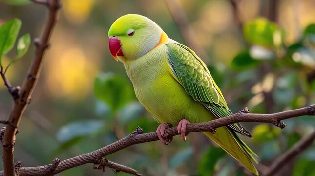 Close-up of a vibrant green Indian Ringneck parrot perched on a tree branch, with its eyes closed and beak slightly open, showcasing its colorful plumage and delicate features in natural sunlight