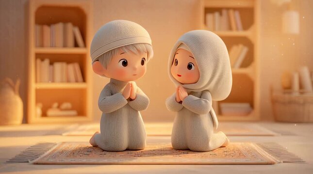 Adorable cartoon children in modest Islamic clothing, praying together on prayer mats in a warm, home-like setting with soft lighting