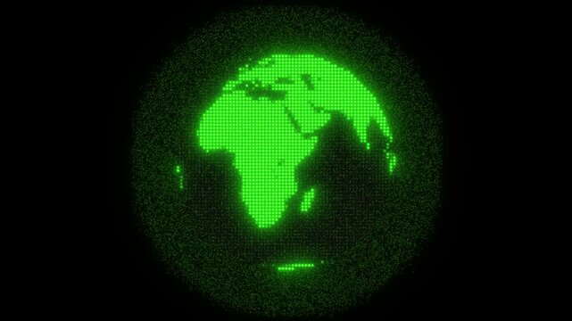Green Pixelated Earth Globe with Scattered Particles on animated Black Background planet world, owing green pixelated globe on a black background, revealing continents and oceans.