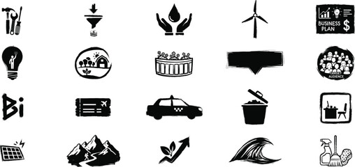 Eco Sustainability Icon Set with Renewable Energy Recycling and Green Transportation Symbols
