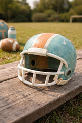 Fototapeta premium American football helmet vintage teal orange white sports grass wood outdoor american football helmet with vintage teal orange white color lying wooden plank grassy outdoor field evoking nostalgia
