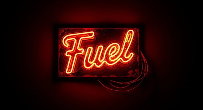 Bright red neon sign glowing with the word "Fuel" in cursive text