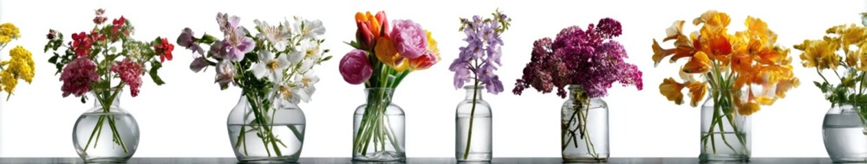 Variety of colorful flowers in clear vases on a gray surface
