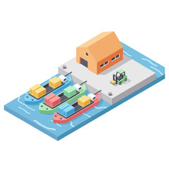 Obraz premium Isometric Illustration of Cargo Ship and Warehouse.