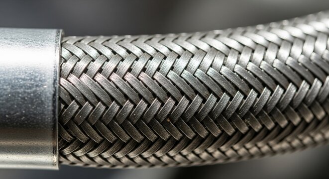 Close-up of a flexible braided stainless steel hose with a metal sleeve.