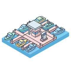 Obraz premium Isometric Dock with Boats and Building.