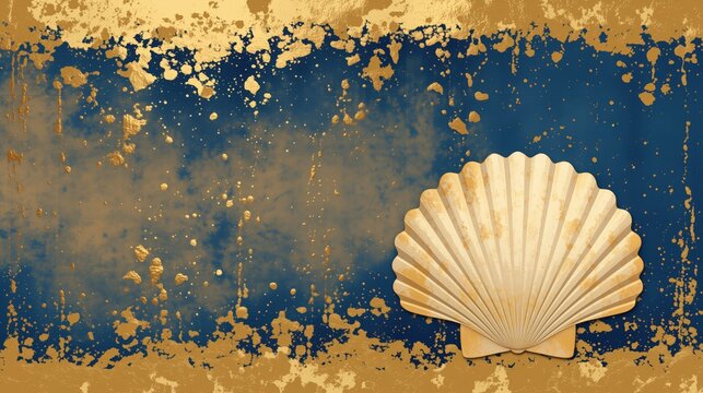 vintage abstract background with blue and gold texture and decorative scallop shell symbol, retro art illustration with elegant marine ocean beach style.