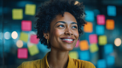 Obraz premium A smiling woman with curly hair in front of colorful sticky notes.