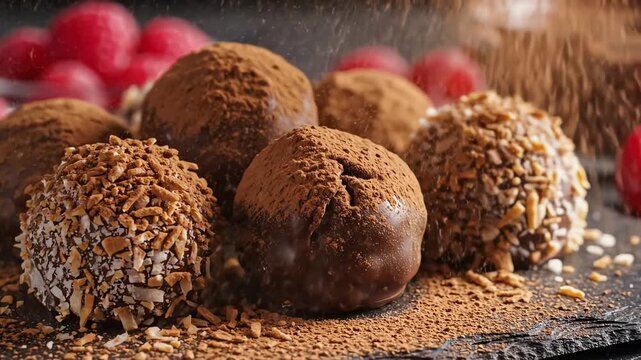 Close up of assorted gourmet chocolate truffles with various toppings