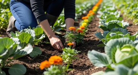 Sustainable companion planting concept. Person planting flowers in a garden bed surrounded by cabbage plants on a sunny day