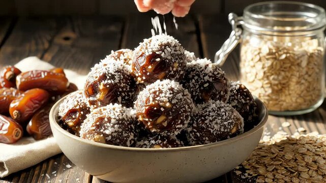 Close up of dates and energy balls on wooden surface