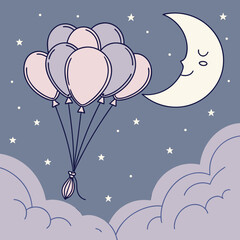 Balloons floating in the night sky with a crescent moon stars