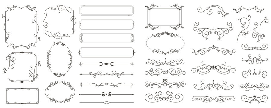 Vintage frame elements set design. Collection with elegant dividers and frames with floral ornaments, vintage wedding borders, ornamental curls templates for greeting cards. Vector illustration.
