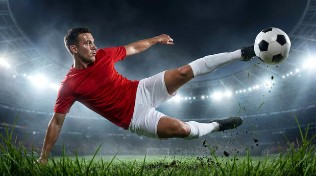 Professional soccer player performing dynamic scissor kick with ball on night stadium field with floodlights