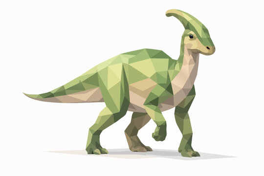 Parasaurolophus low poly art walking, prehistoric green dinosaur character design