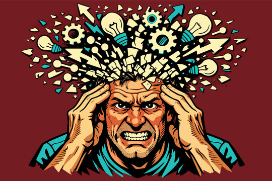 Man experiencing stress and information overload with ideas exploding from head
