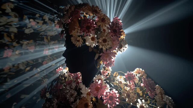 Surreal silhouette of a head filled with flowers and backlit by dramatic rays, expressing complex mental health, inner growth, emotional struggle, hope, anxiety, and duality