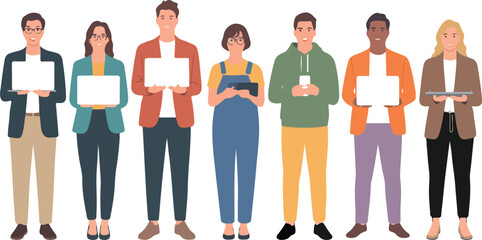 Fototapeta premium Diverse group of young adults and teenagers holding laptops and tablets representing technology and education in modern society
