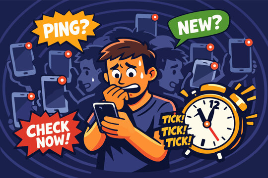 Young man feeling anxious and overwhelmed by constant mobile phone notifications and alerts