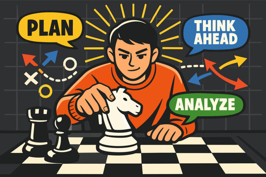 Strategist playing chess, planning moves, thinking ahead and analyzing game