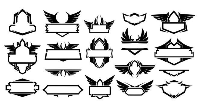 Black abstract shield icons and winged frames collection for creating custom esport mascot logos, gaming team emblems, and military heraldry badges