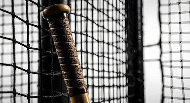 Baseball bat inside batting cage with controlled indoor lighting. Isolated on White background.