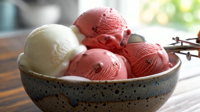 Close up of ice cream scoops in a bowl with metal spoon