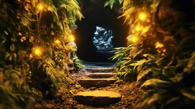Mysterious path through lush foliage and glowing lights leading to unknown