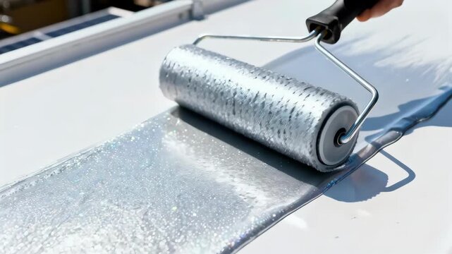 Medium shot of ceramic solar reflective roof coating being spread smoothly showcasing its nanoceramic particles that enhance insulation and durability.