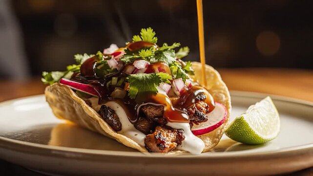 Delicious taco with pulled pork, fresh cilantro, and tangy slaw