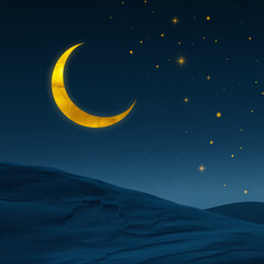 Fototapeta premium Golden crescent moon in a starry night sky over a dark landscape