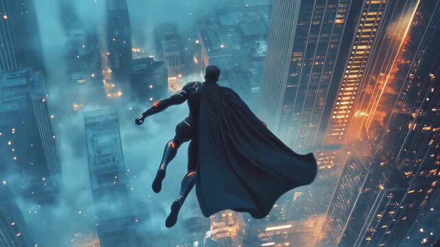 Cinematic superhero in a muscular suit and flowing cape flying high above a glowing city skyline at night, surrounded by skyscrapers and dramatic lights