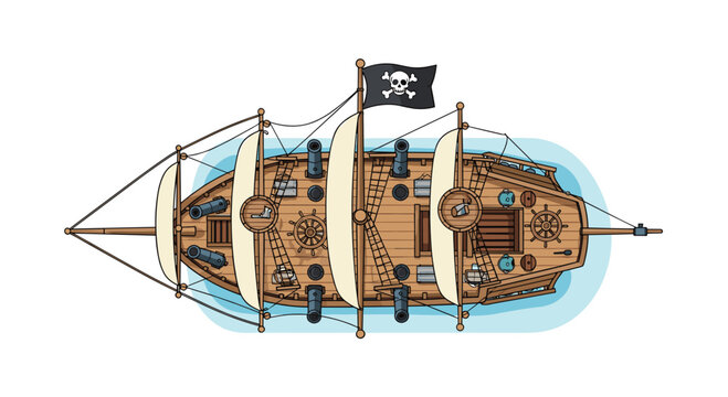 An overhead view shows a detailed pirate ship with cannons, multiple sails, and a skull and crossbones flag flying.