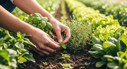 Fototapeta premium Sustainable companion planting concept. Hands harvesting fresh herbs growing in a garden bed with green leafy plants under natural sunlight.