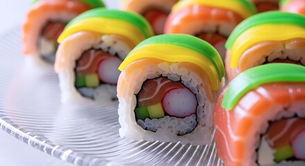 Gourmet Rainbow Sushi Rolls Showcasing Fresh Fusion Cuisine Artistry