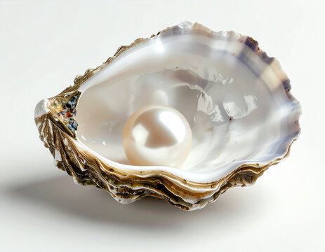 Ostra abierta con perla perfecta y brillante dentro, sobre fondo blanco, concepto de lujo, elegancia, exclusividad, pureza y belleza natural, para imagen de alta joyer&iacute;a 